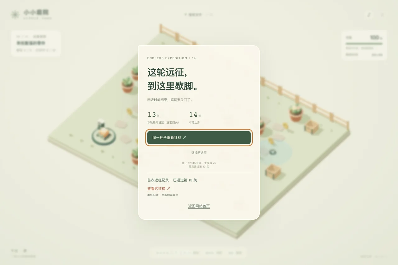 实际键盘完成第 13 关，在第 14 关等待超时后结算，最高已通关正确记为 13。