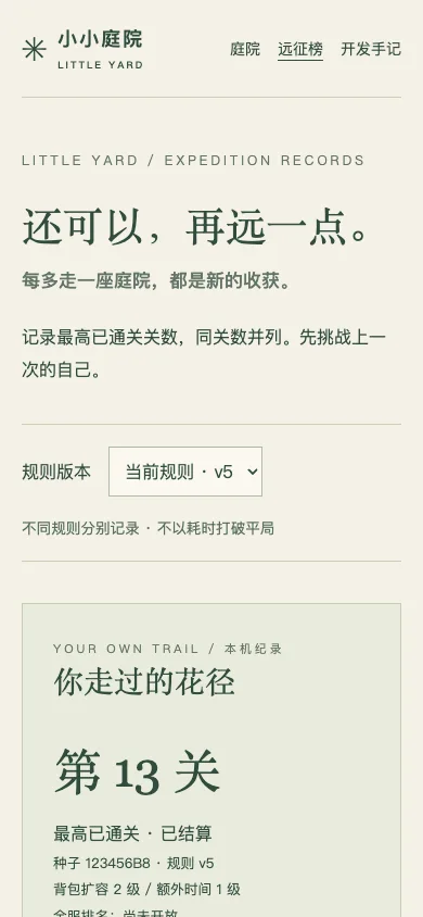 390×844 浏览器窄屏下的远征榜与本机纪录；不是实体手机测试。