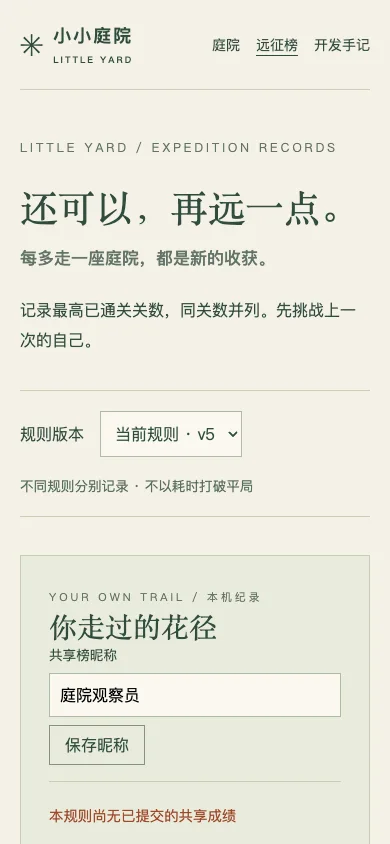 窄屏下的昵称、共享成绩与本机纪录布局;浏览器模拟,不是实体手机测试。